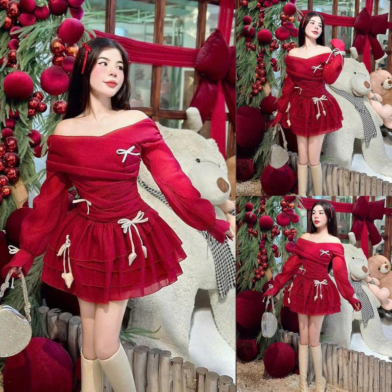 Đầm váy voan tơ bệt vai dài tay phối nơ, dáng xòe 2 tầng (có lót quần) xinh xắn mùa giáng sinh Noen, Tết cho nữ - Women