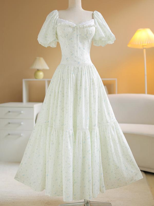 SÒ VINTAGE - FLORA váy hoa nhí in nổi, phối ren tay phồng cổ điển