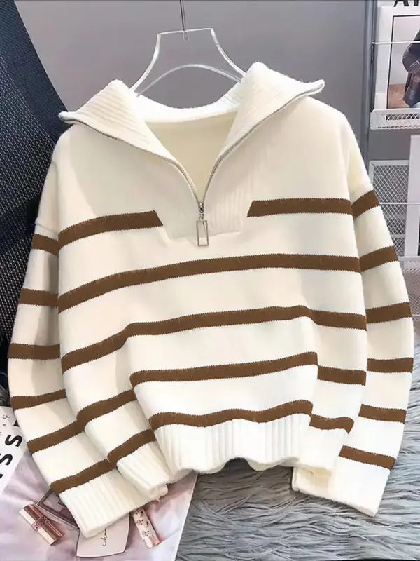 Women's Striped Print Zipper Drop Shoulder Sweater, Casual Pastel Long Sleeve Collared Mam Jumper Striped Sweater for Daily Wear, Women's Knitwear Top for Fall & Winter, Go Out Tops, Trending Clothing Women 8