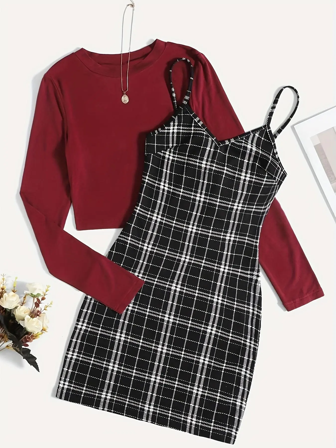 Two-piece Set Women's Plain Top & High Waist Plaid Print Skirt, Elegant Fashion Casual Round Neck Top & Bodycon Dress for Daily Outdoor Wear, Women Clothing for Fall & Winter, Rave 2 Piece Set