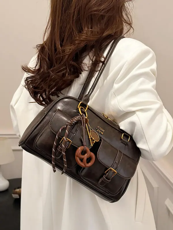 Women's Retro Solid Color PU Leather Shoulder Bag, Large Capacity Crossbody Bag with Detachable Accessory Charm, Casual Trendy Versatile High-quality Daily Commuting Bag 4