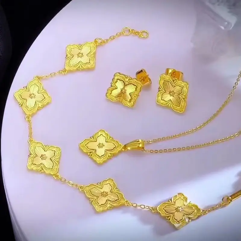 Gold-Plated Clover Jewelry Set for Women Necklace Laser Surface Lucky Clover Earrings Bracelet Live Streaming Hot Sale