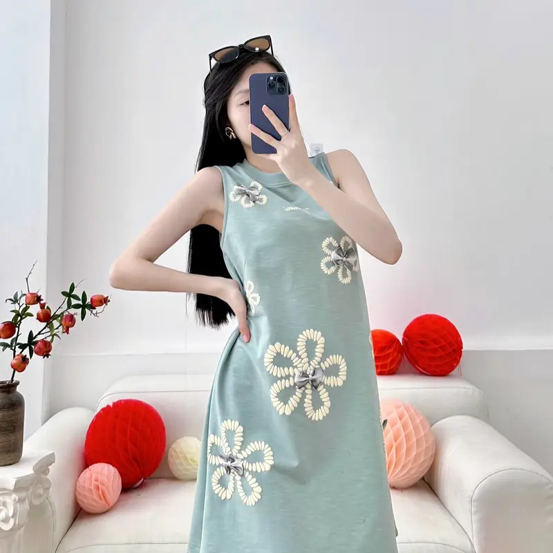 Váy Ba Lỗ_Cổ Tròn_In Nổi Hoạ Tiết Bông_Đính Kèm Nơ_Chất Conton Co Giãn_Dày Mềm Mịn Nữ Đen Women 6