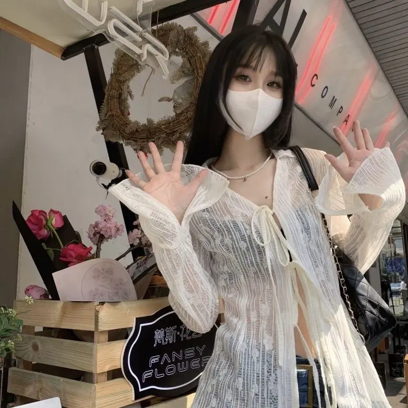 Áo Sơ Mi Ren Jacquard Thiết Kế Còi Chống Nắng, Phong Cách Cô Gái Nóng Bỏng Pháp, Mỏng, Thích Hợp Cho Mùa Xuân Và Mùa Thu, Cardigan Tup, Dễ Thương Và Gợi Cảm Women Top Denim Blazer Shirt Khuy 3