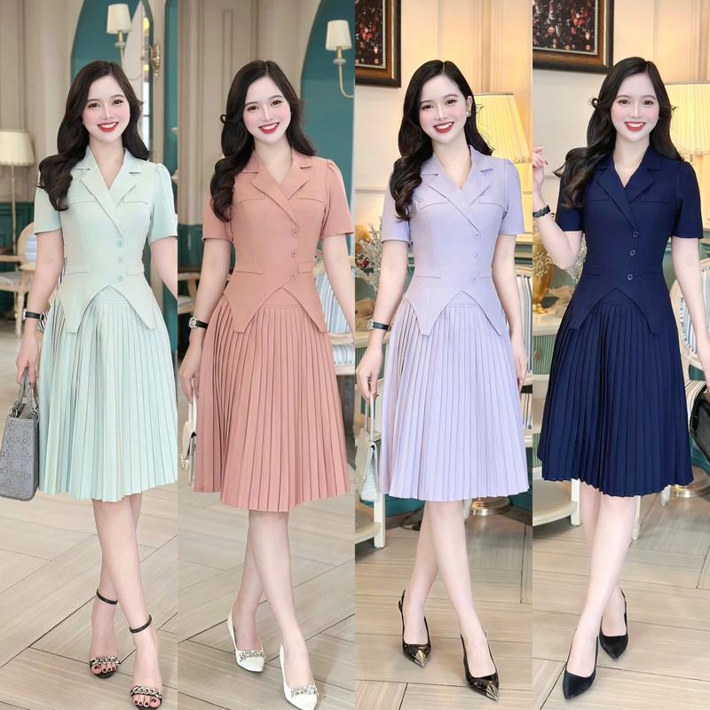 Đầm váy cổ vest công sở nữ thiết kế Nhật Vy tay ngắn dáng xoè tà cách điệu chất lụa phù hợp dự tiệc sang chảnh - D3082