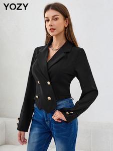 YOZY Women's Solid Double Button Tie Back Asymmetrical Hem Blazer, Elegant Lapel Neckline Long Sleeve Blazer for Work Office Business, Ladies Spring & Fall Clothes