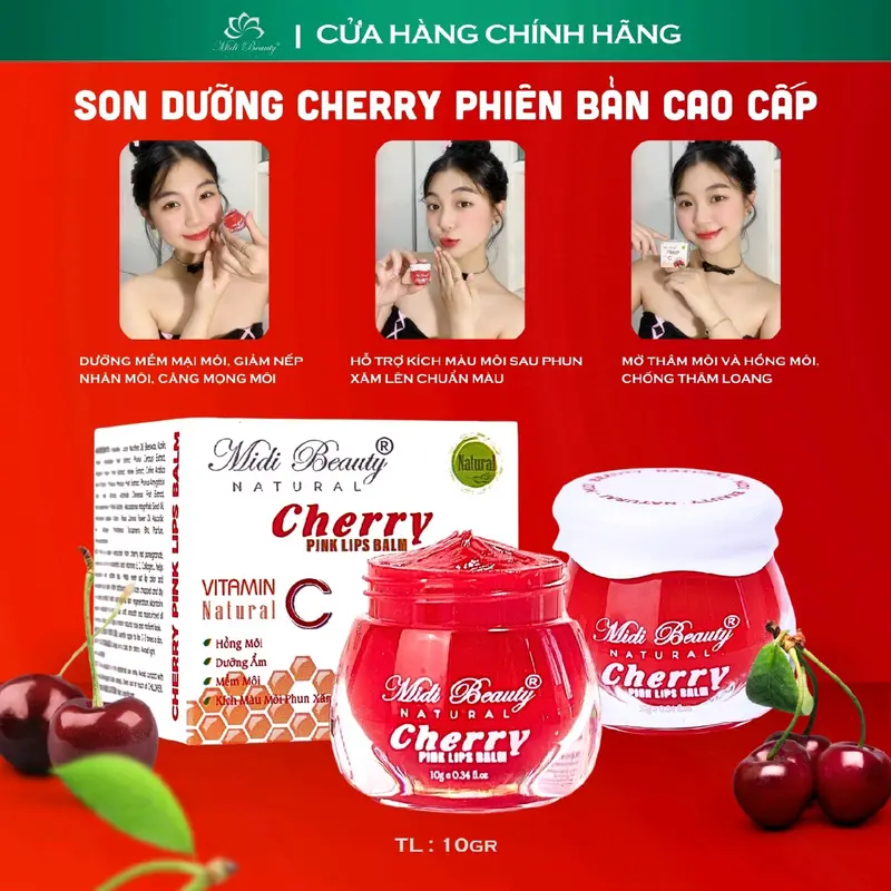 [TẶNG CỌ SILICON] Son Dưỡng Hồng Môi CHERRY 10G và Son Dưỡng Tẩy Da Chết Môi CHERRY 10G Midi Beauty Natural: Dưỡng môi mềm mại, hồng môi, bóng môi. Hỗ trợ mờ thâm môi và k.ích m.àu m.ôi phun xăm [Kèm Muỗng+Thẻ Bảo Hành] Nữ Women 1