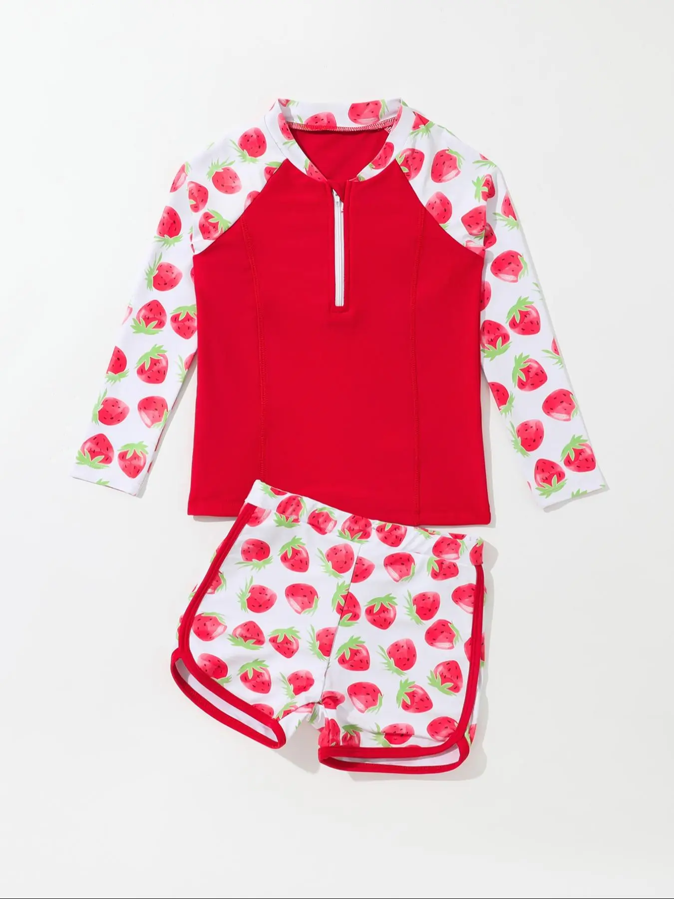 Toddler Girl's Strawberry Print Swimsuit Set, Zipper Long Sleeve Raglan Sleeve Swim Top & Shorts, Summer Beach Vacation Outfits for Girls