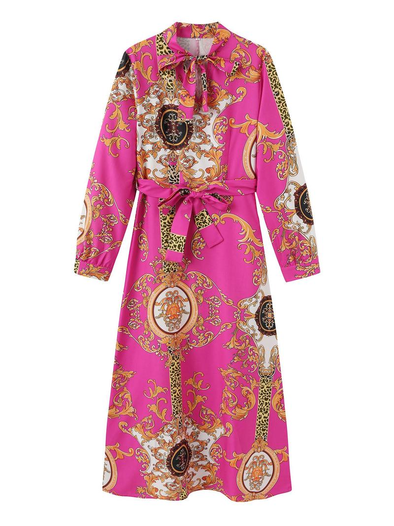Product Introduction of Women's Ethnic Pattern Belted Tie Neck A Line Dress, Boho Fashion Long Sleeve Dress for Daily Holiday Vacation Wear, Ladies Dress for All Seasons 2