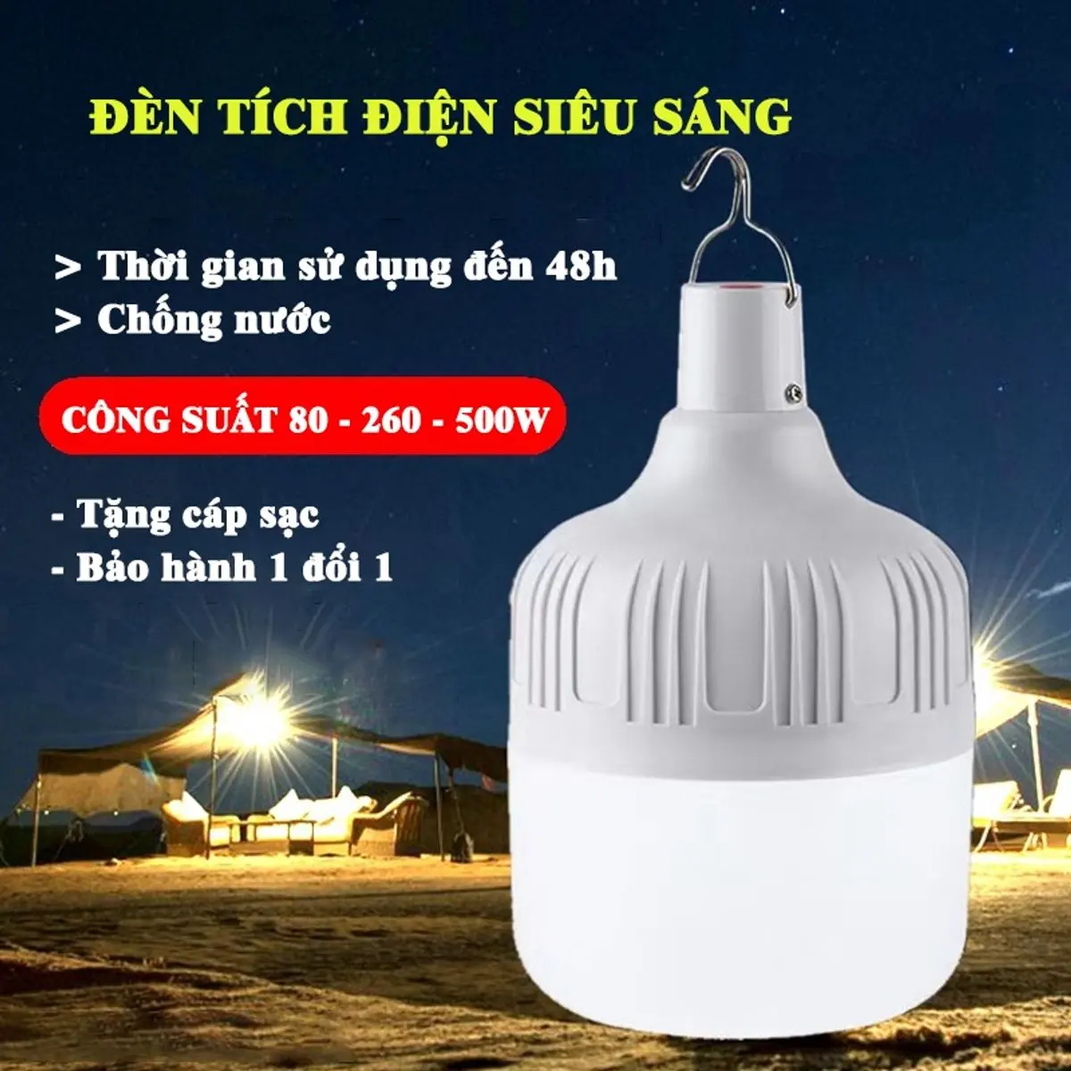 Đèn treo tích điện 80W 260W 500W pin trâu đa năng kháng nước, tặng cáp sạc - Chống nước IP55