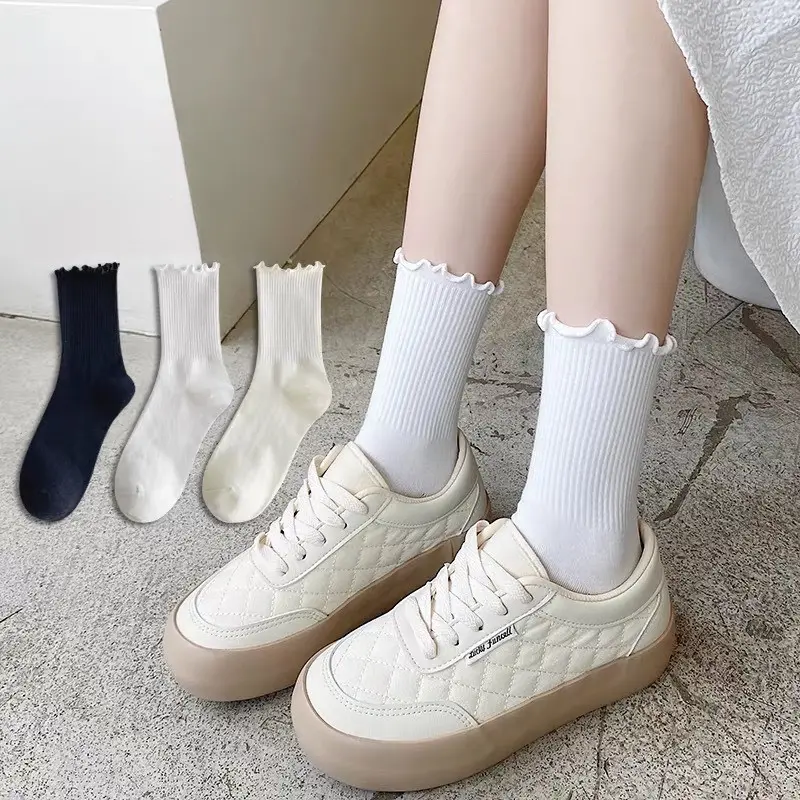 Set 5 Tất Cổ Cao Nữ Bèo Nhún, Vớ Bèo Nhún Nữ Cổ Cao Màu Trơn Basic Thời Trang Vintage Hàn Quốc M122 Women 5