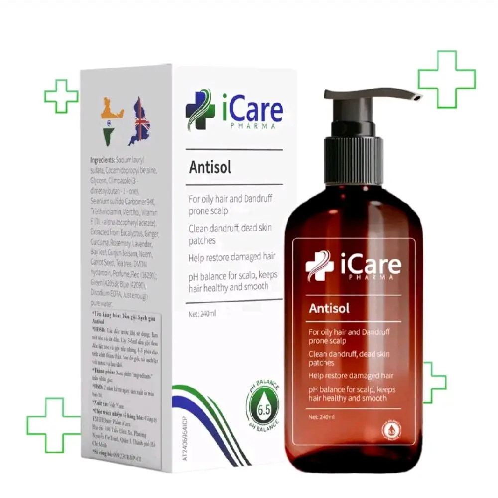 Dầu Gội Antisol Icare Pharma Dược Liệu 240ml PH 6.5 Sạch Gàu, Giảm ngứa Nấm, Làm Sạch Da Đầu