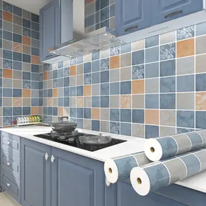 wallpaper dapur anti minyak dan panas stiker dinding bahan alumunium foil 6 meter X 60 cm(PT) motif kotak2 biru orange