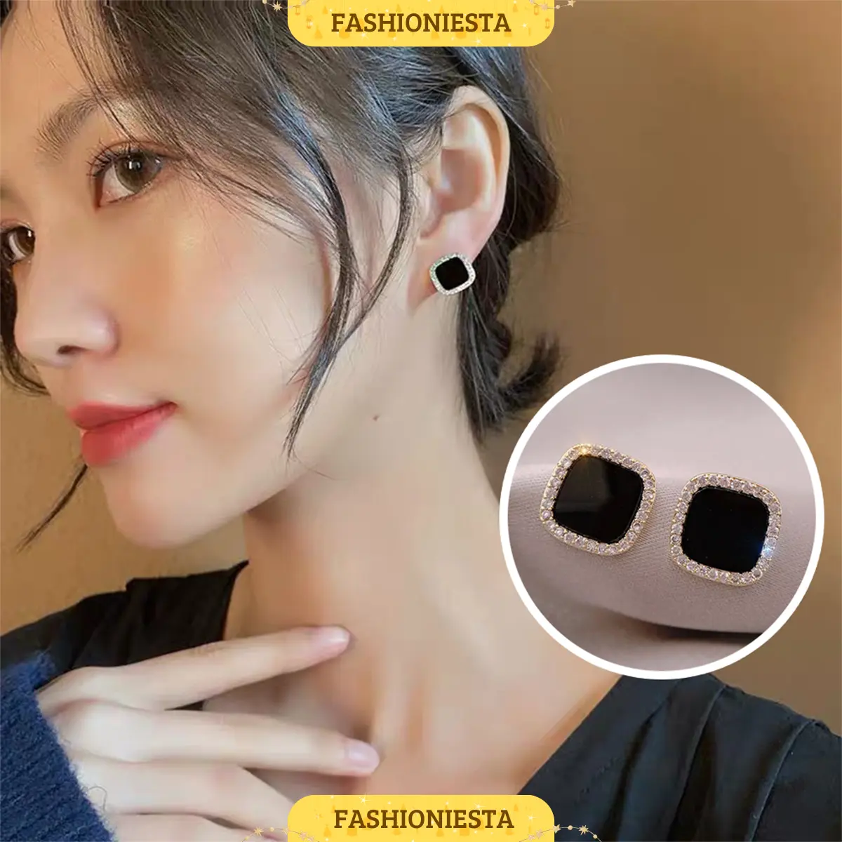Anting-Anting Hitam Bentuk Kotak S925 Anti Karat Aksesoris Wanita Korea Style Fashion Stylish Trendy