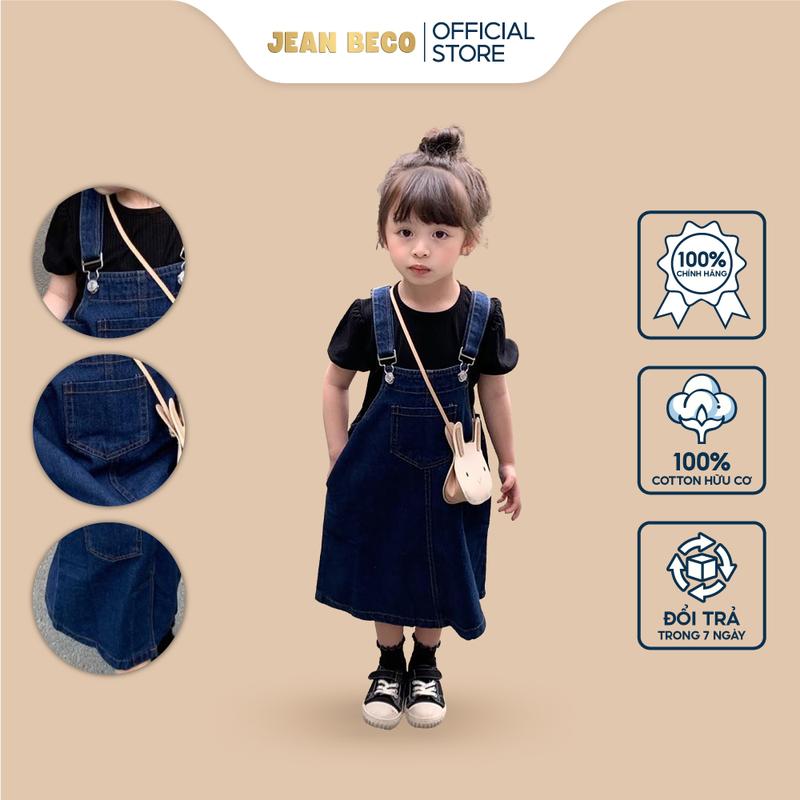 Váy yếm jeans hai dây JEANBECO váy jean dạng yếm cho bé gái dáng suông dài xẻ tà Hàn Quốc VD02