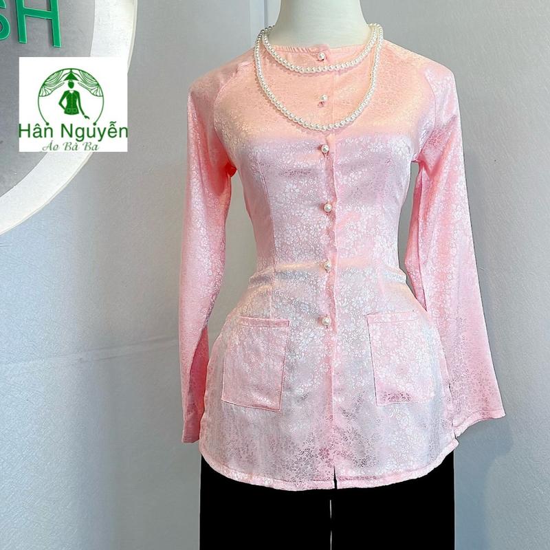 Pháp Phục Hân Nguyễn - B.A107 - Bộ Bà Ba Gấm Có Túi Tay Dài Cổ Tròn Hoa Cúc Nhí Nữ Áo Top Women Sơ Mi