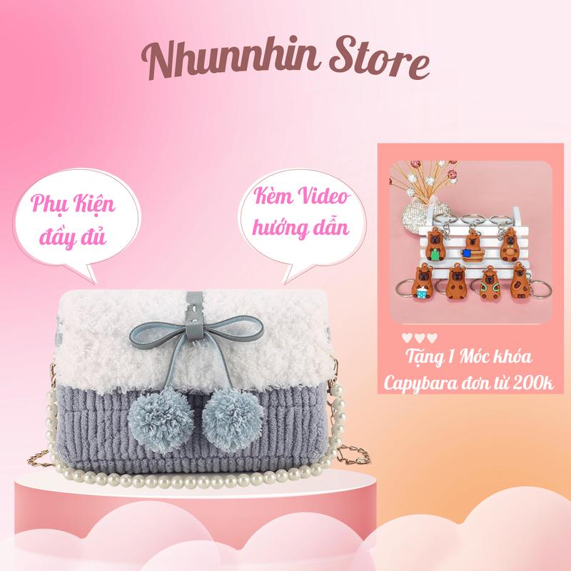 Túi Handmade Tự Đan Pom Pom - Phụ Kiện Đan Túi - A2 Đeo Vai Bag Canvas Nữ