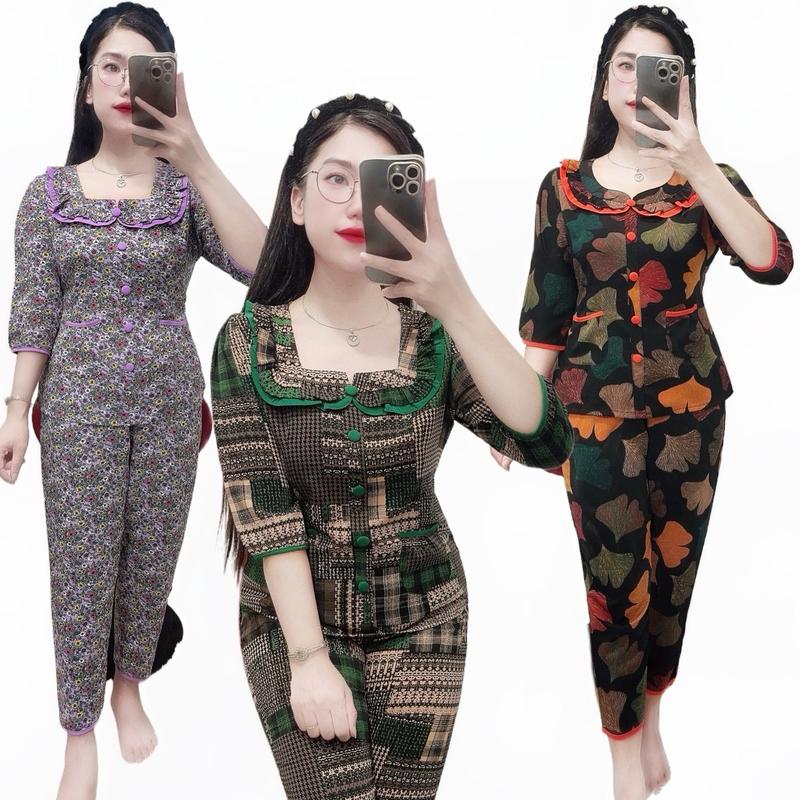 Đồ Bộ Nữ Tay Lỡ Quần 9 Tấc, Set Đồ Bộ Cổ Bèo 2 Túi Cho Nữ Chất Vải Mango Mềm Mịn Có Nhiều Hoạ Tiết Thích Hợp Mặc Nhà Cho Mọi Lứa Tuổi Women Kem lụa