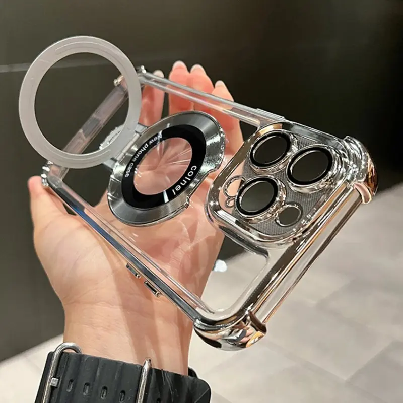 Luxury Plating Shockproof Magnetic Bracket For Magsafe Clear Case For iPhone 15 16 14 13 12 11 Pro Max With Holder Stand Cover Silicone Transparent Cellphone Casing Screen Protector