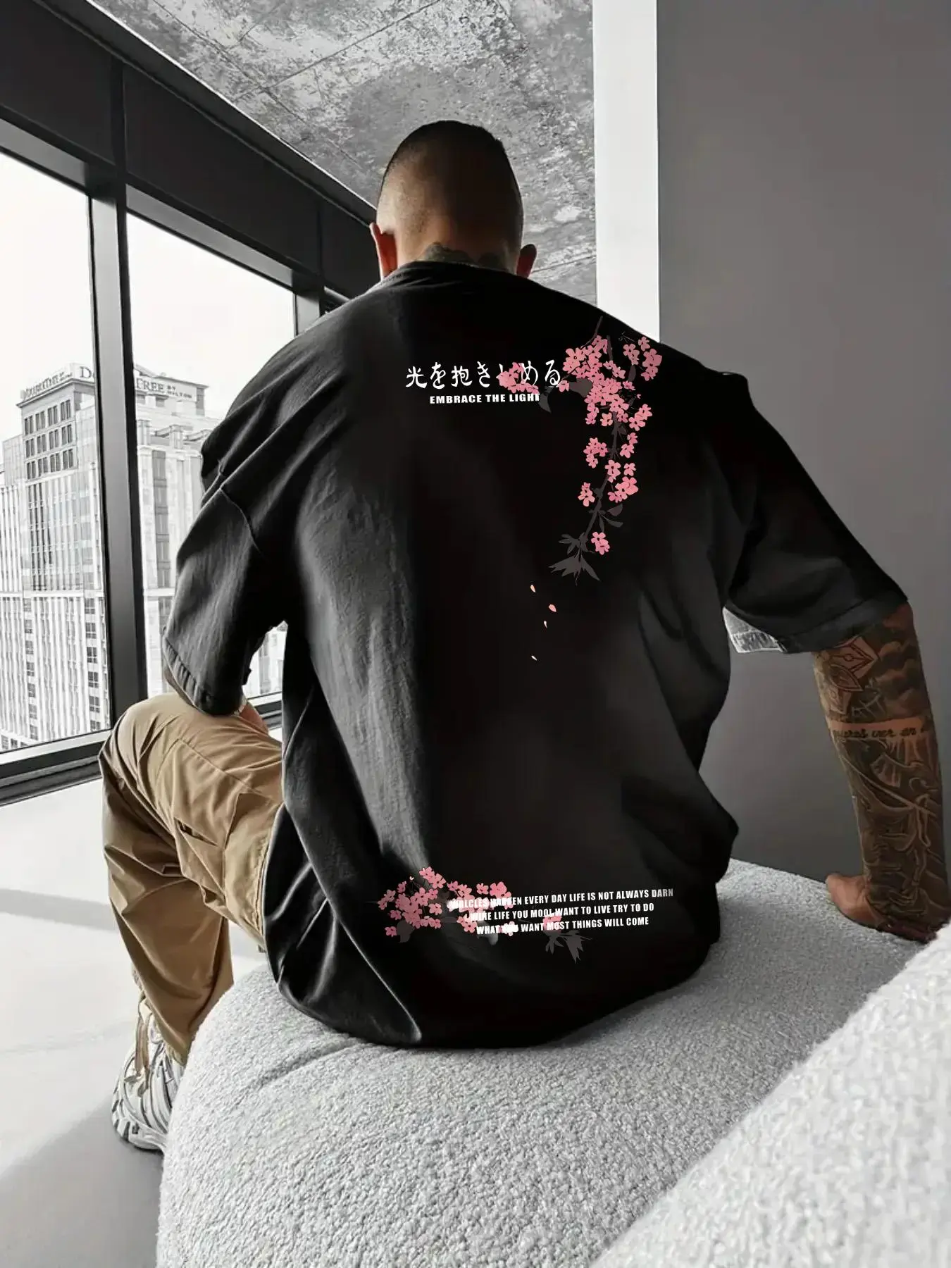 Men's Cherry Blossom & Letter Print Half Sleeve Tee, Regular Fit Casual Street Round Neck T-shirt for Summer, Men's Top for Daily Wear