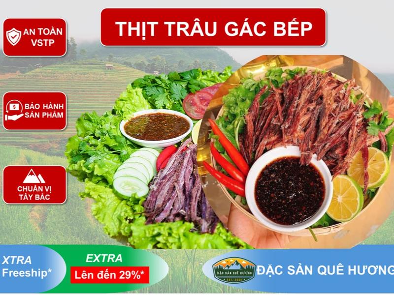 1kg Thịt Trâu Gác Bếp - Đặc Sản Tây Bắc  Chua Cay Đậm Đà - Kèm Chẩm Chéo Chua Cay Đỉnh Cao