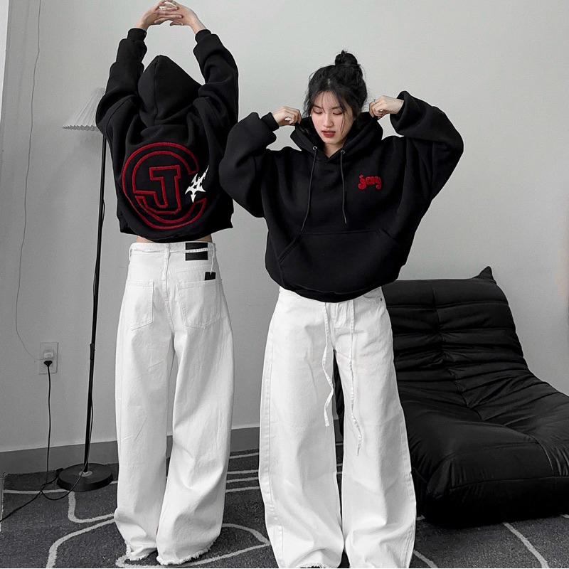 HOODIE CJAY - Áo khoác hoodie thêu xù form Boxy rộng mũ to nam nữ unisex màu ĐEN/XÁM TIÊU/XÁM CHÌ - Dài Tay, Menswear Top Women