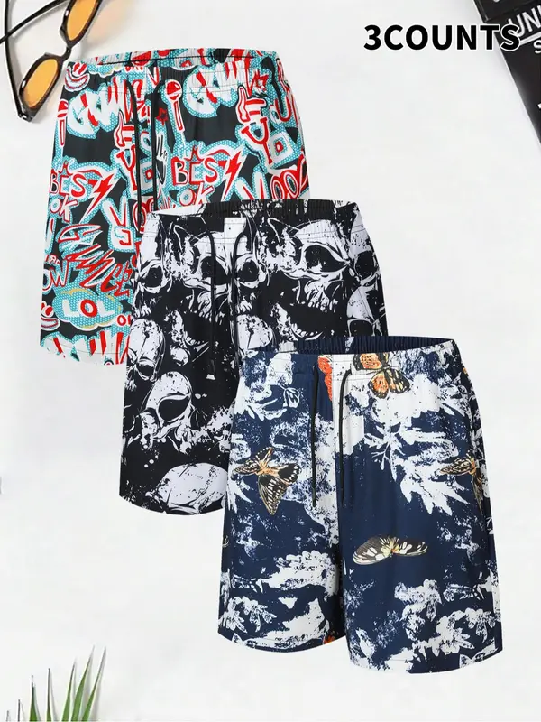 Men's Regular Fit Skull & Butterfly Print Boxer Briefs, Casual Comfy Breathable Shorts for Summer, Men's Bottoms for Daily Wear 0