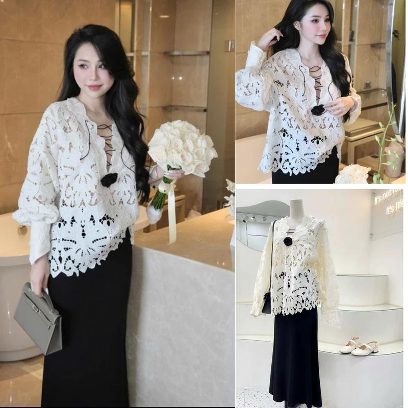 Set áo ren chân váy dài- áo đính hoa xỏ dây đen, chân váy đuôi cá Top