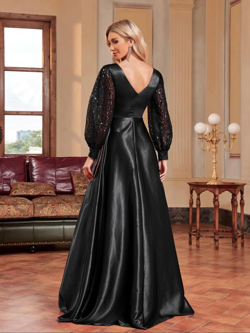 Product Introduction of Women's Glitter Sequin Contrast Mesh Wrap V Neck A Line Evening Dress, Elegant Bishop Sleeve Maxi Evening Party Gown, Ladies Spring & Fall Clothes 1