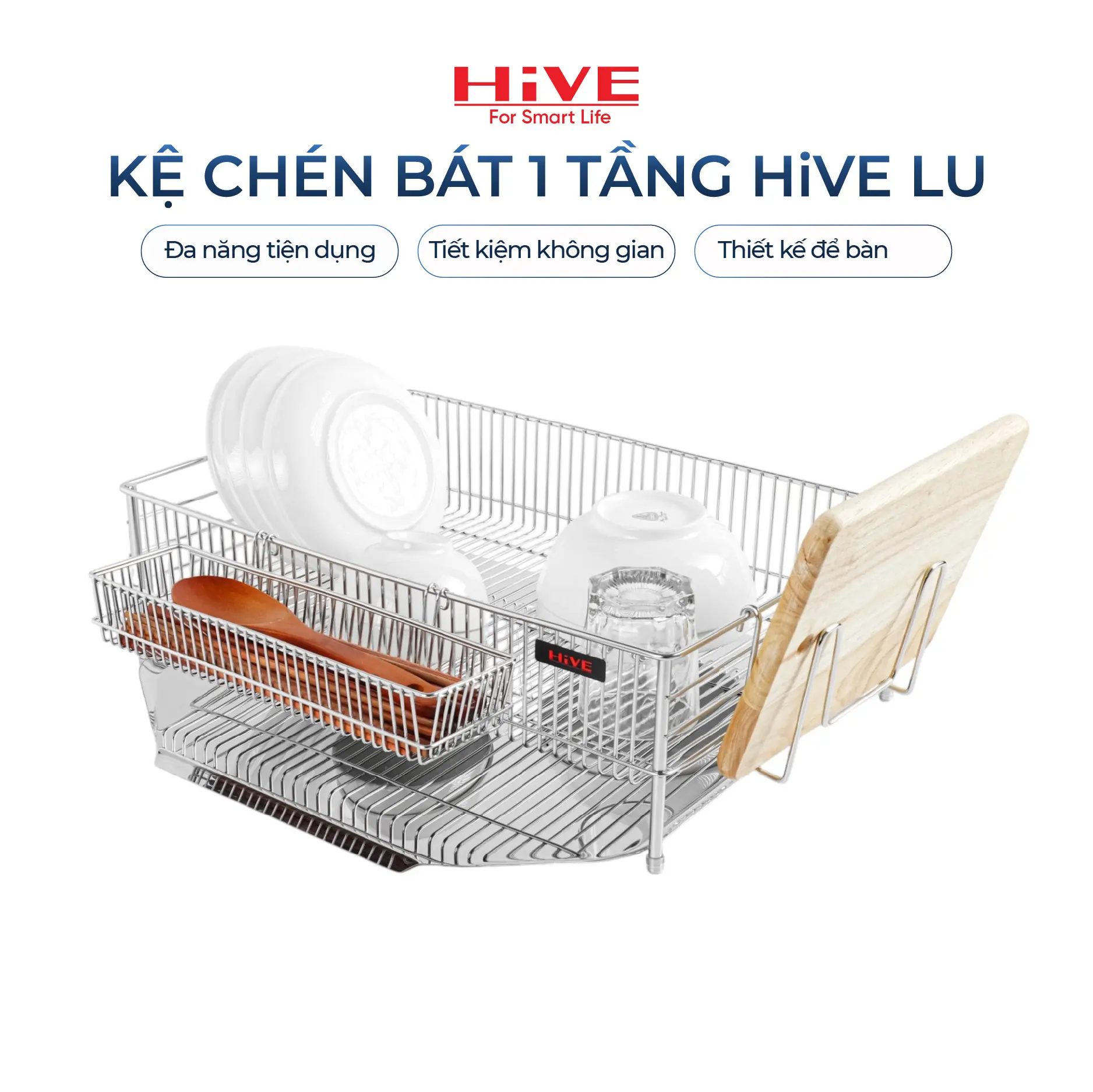 Kệ úp chén, bát, đĩa inox HiVE LU 1 tầng. Giá xếp bát đĩa có khay thoát nước vào bồn rửa. Hive Hàn Quốc