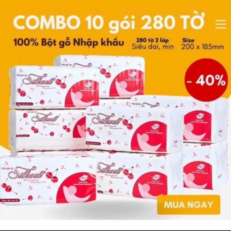  ￼ Combo 10 gói  Khăn giấy ăn rút lụa cao cấp Silkwell 280 tờ 2 lớp Cherry đỏ mềm mịn 