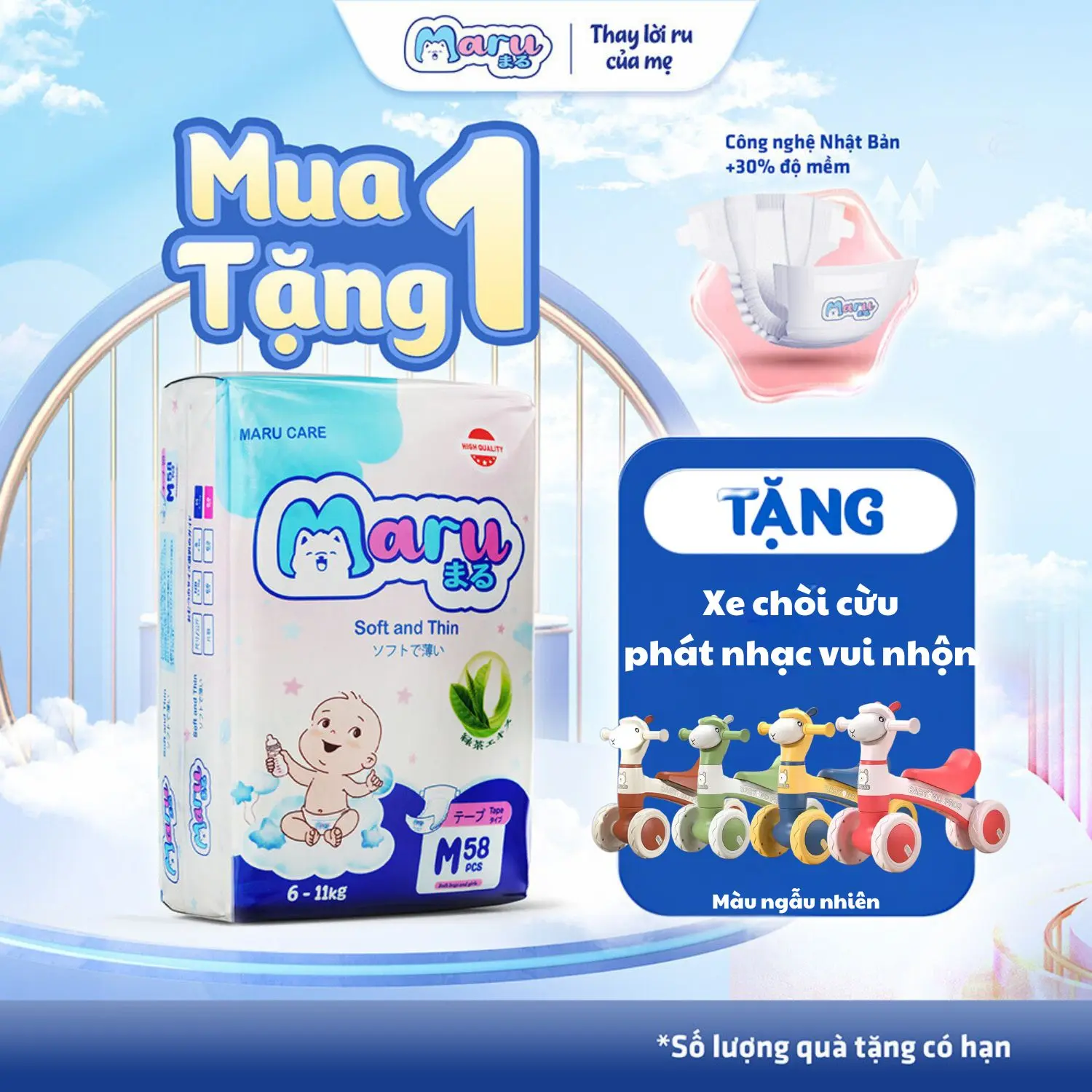 [SĂN LIVESTREAM- XE CHÒI CHÂN CỪU ] Combo Tã Bỉm Maru công nghệ Nhật đai chun cạp cao, siêu thấm hút, siêu khô thoáng, siêu mềm mại