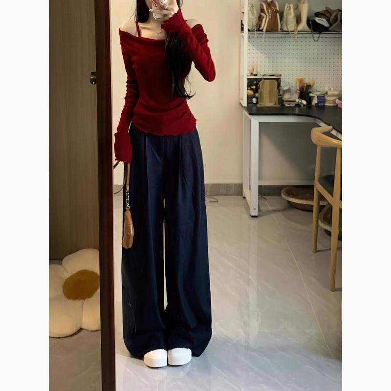 Áo Lớp Nền Dệt Kim Trễ Vai Giả Hai Mảnh, Phong Cách Cô Gái Nóng Bỏng, Dành Cho Nữ, Trang Phục Mùa Thu, Bó Sát, Thiết Kế Đẹp, Bán Chạy Top Women 1