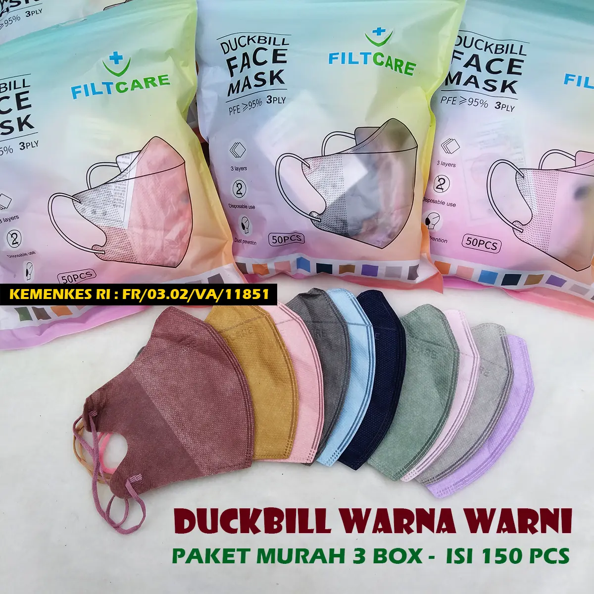 MASKER DUCKBILL WARNA WARNI 3 PLY FILTCARE ( PAKET 3 BOX 150PCS )