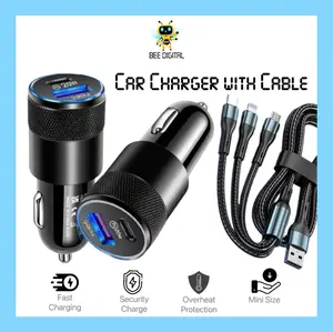 BEEDIGITAL COD Fullset Car Charger QC 3.0 Colokan Mobil 2 Ports Type C USB Pengisian Daya Cepat dengan Kabel Nylon