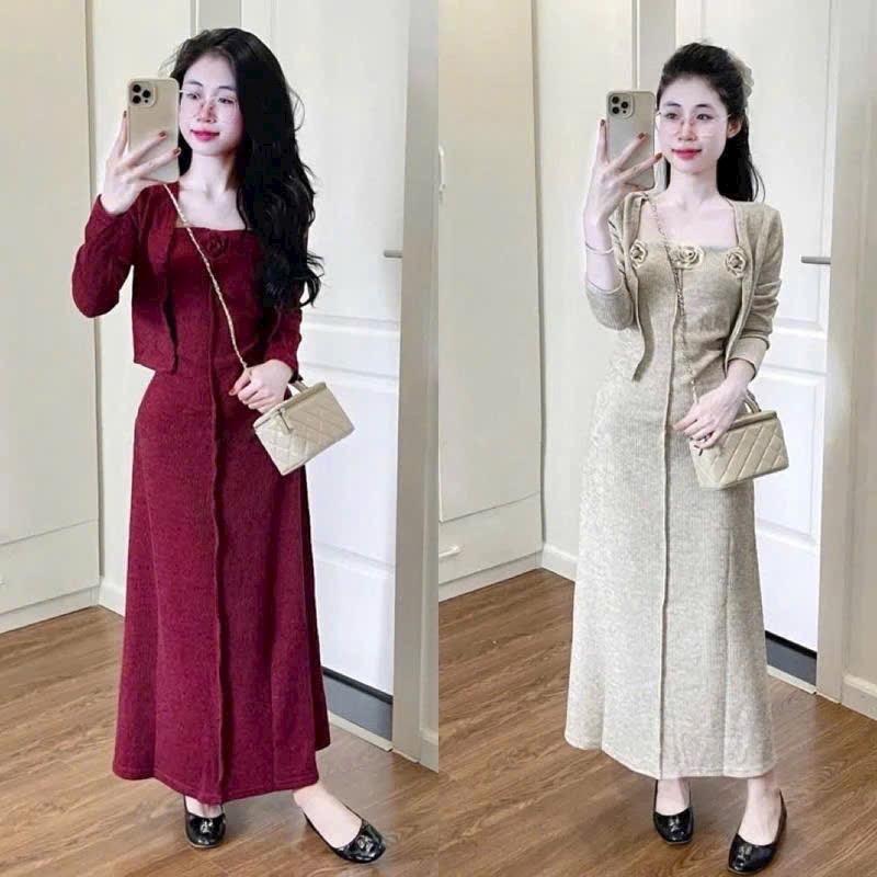 ĐẦM THUN TĂM LẠNH 2 DÂY DÁNG DÀI QUA GỐI ĐÍNH BÔNG KÈM KHOÁC TAY DÀI TÔN DÁNG 2