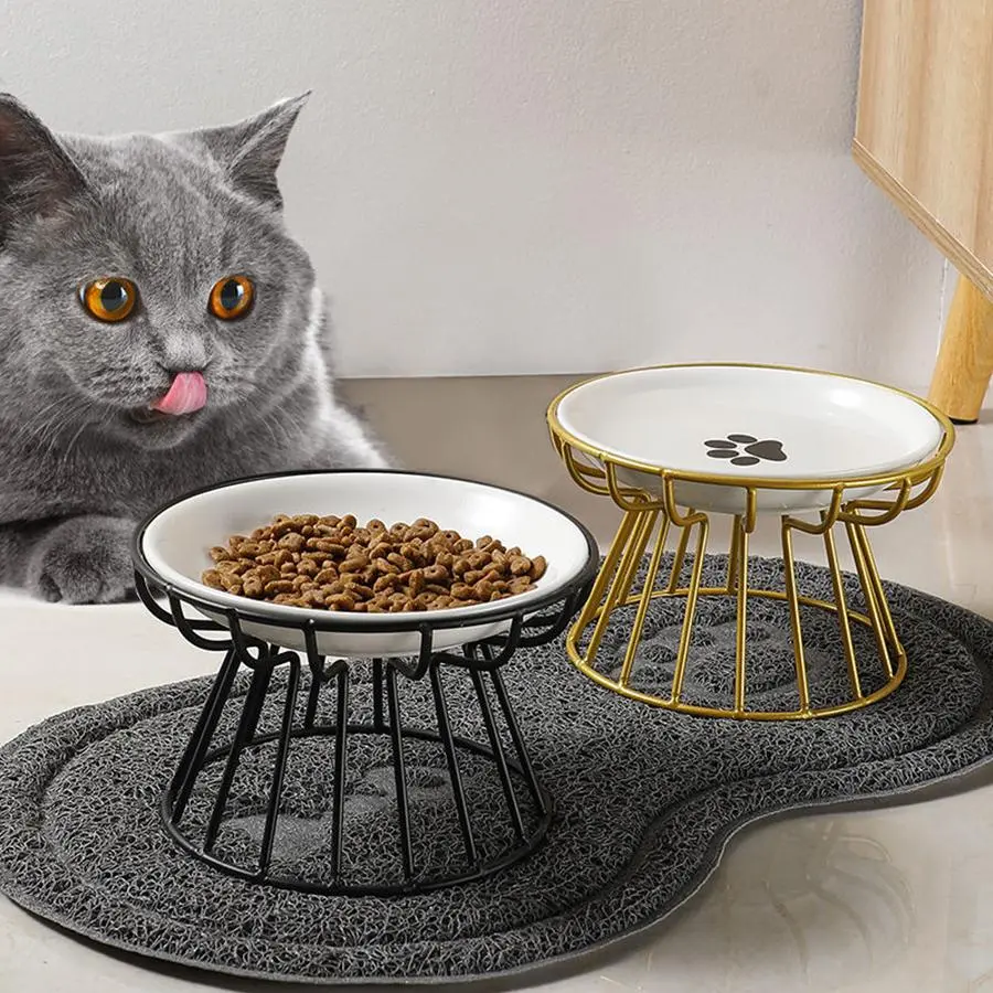 Raised Bowl for Cats, 1 Set Fishbone & Cat Paw Pattern Pet Ceramic Bowl with Iron Stand, Pet Feeding Supplies, Dog & Cat Accessories, Pet Accessories, Pet Products, Valentine's Day Gift