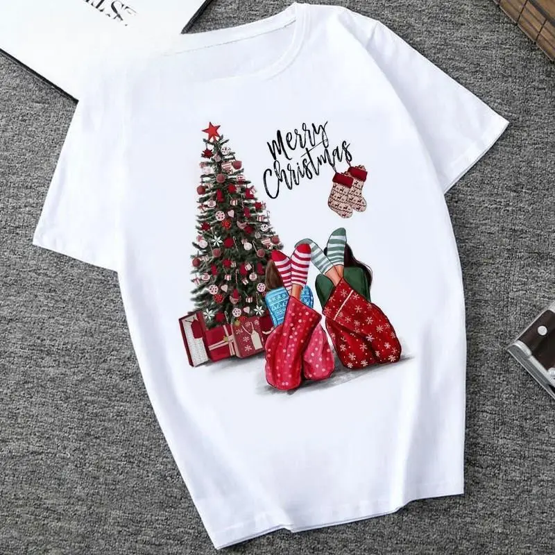 Merry Christmas T Shirt Women Christmas Short Sleeve round Neck Girlfriends Clothes Men's and Women's T-shirt