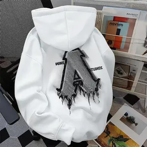 Muas Hoodie Pria Oversize Vintage Premium | Dengan Cetakan Huruf A Cetak Pola Putih Hoodie Boxy | Hoodie Pria Keren Sweatshirt Hoodie