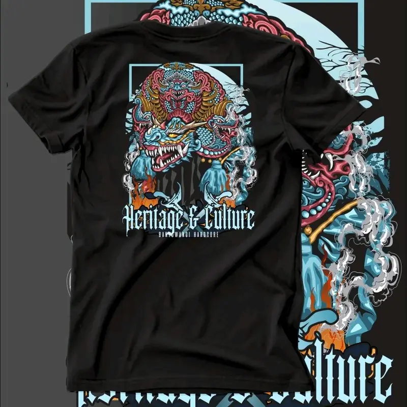kaos Katun Santai Crew Neck jaranan barong devil Hitam 0