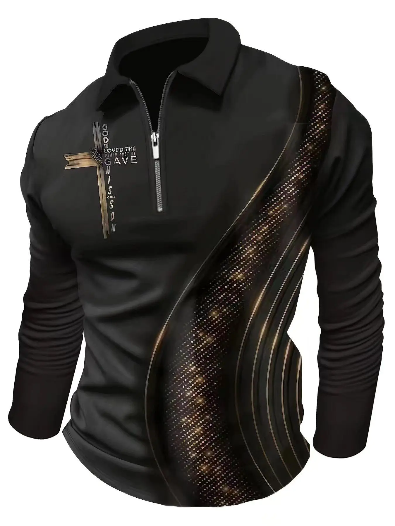 Men's Regular Fit Striped Print Zipper Long Sleeve T-shirt, Casual Collared Top for All Seasons, Fashion Men's Clothes for Daily Wear
