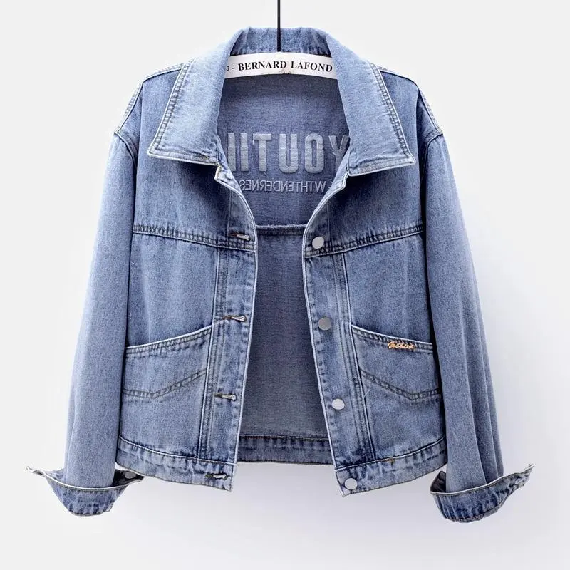 Áo Khoác Ngắn, Denim, Ngoại Cỡ, Dành Cho Nữ, Phong Cách Hàn Quốc, Dáng Rộng Và Mỏng, Dễ Phối Đồ, Áo Khoác Thêu, Áo Màu Trơn