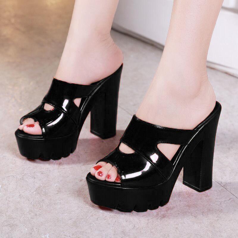 Dép Guốc Cao Gót Da Bóng Khoét Kiểu Gót Vuông 9p - MãSố CG99