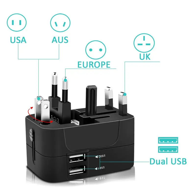 Universal Travel Plug Adapter, 100V-250V 2 USB Ports World Travel AC Power Charger Adapter, Worldwide in One Adapter Adapter, AU US UK EU Converter Adapter 8