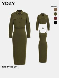 YOZY Two-piece Set Women's Solid Button Front Crop Jacket & Cami Dress, Casual Long Sleeve Collared Pocket Outerwear & Adjustable Strap Long Dress for Fall & Winter, Women's Clothes for Daily Wear, Valentine's Day Gift for Girl