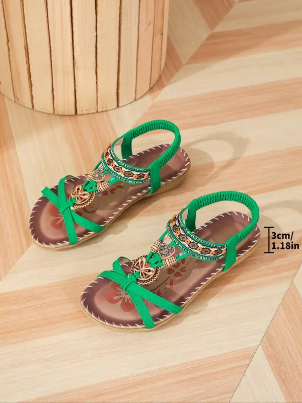 Women's Boho Style Comfortable Rhinestone Decorated Flat Sandals,  Unique Sandals, Vintage Hollow Out Heart Design Slide Sandals, Fashionable Sandals for Summer 7