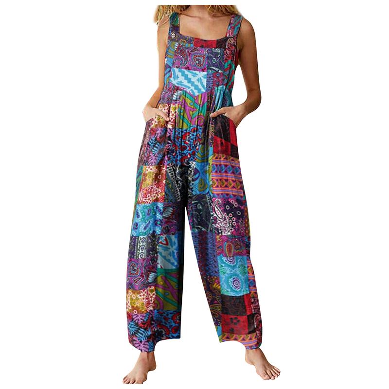 Product Introduction of Women Jumpsuits Summer Overalls Multicolor Ethnic Style Square Neck Sleeveless Casual Rompers with Pockets for Girls Playsuit 49