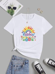 Pride Month LGBTQ+ Themed, Women's Rainbow & Floral Print Tee, Casual Round Neck T-Shirt for Summer, Fashionable Top for Daily Wear