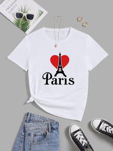 Game2024, ImprinTee Women's Eiffel Tower Print Round Neck Graphic Tee, Heart & Letter Print Vintage Trendy Casual Short Sleeve T-shirt for Daily Wear, Ladies Summer Outfit