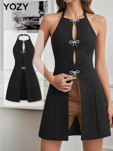 YOZY Women's Solid Color Bow Decor Halter Neck Top, Casual Fashion Sleeveless Top for Summer, Women's Clothing for Daily Wear